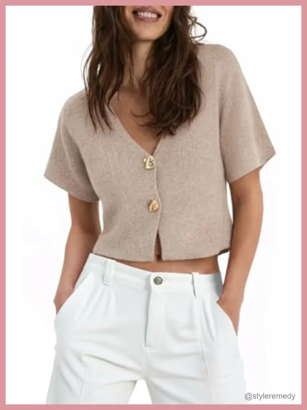 Cropped Knit Cardigan Top Short Sleeve V-Neck Button Front Lightweight Spring